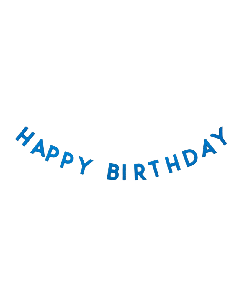 Blue 'Happy Birthday' garland on a white background