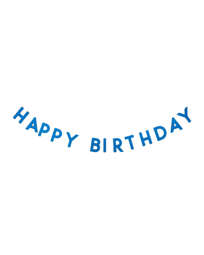 Blue 'Happy Birthday' garland on a white background