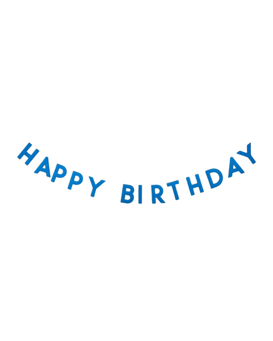 Blue 'Happy Birthday' garland on a white background