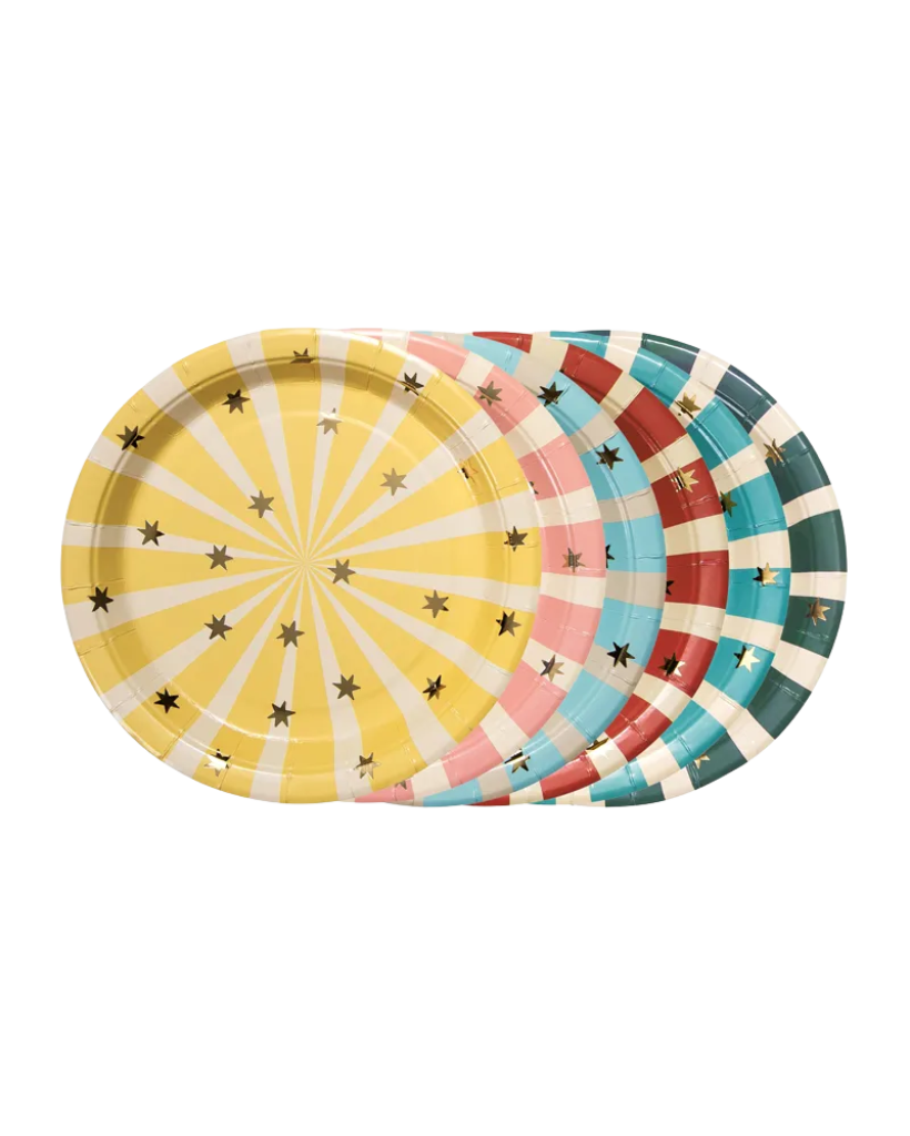 Small striped paper plates with gold foil stars for circus themed party