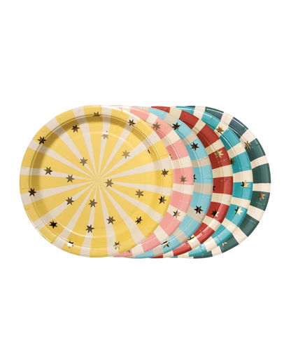 Small striped paper plates with gold foil stars for circus themed party