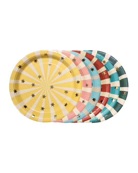 Small striped paper plates with gold foil stars for circus themed party