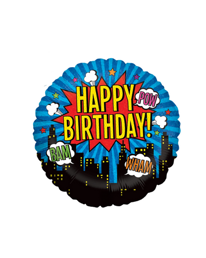 Holographic superhero comic book style round happy birthday balloon