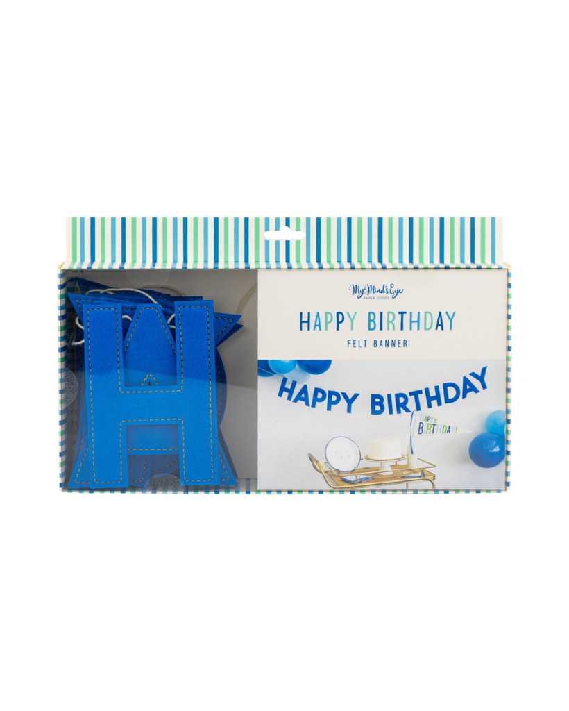Happy Birthday felt banner with blue letters in packaging on a white background