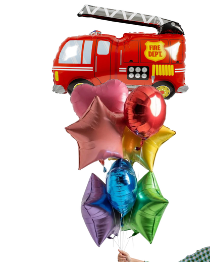 Colorful balloon bouquet with a fire truck-shaped balloon on a white background