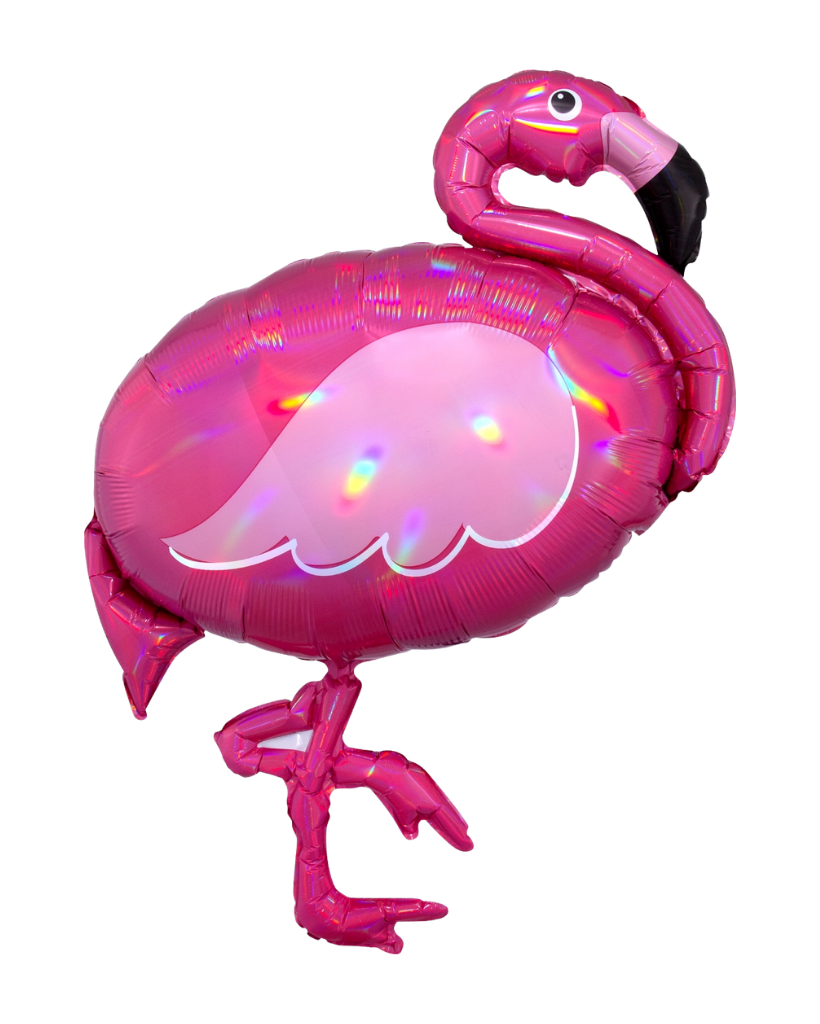 Pink flamingo-shaped balloon with colorful lights on a white background