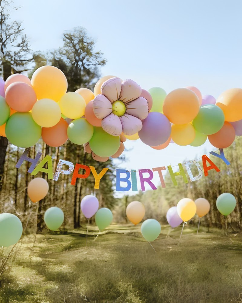 Colorful 'Happy Birthday' banner in a park setting