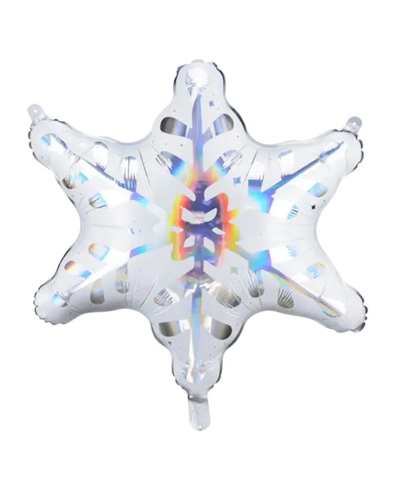 white snowflake foil balloon with silver iridescent details