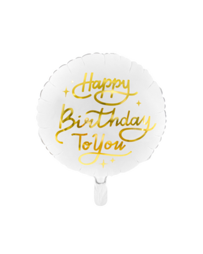 Party Decor Happy birthday to you foil balloon - matte white with metallic gold text.