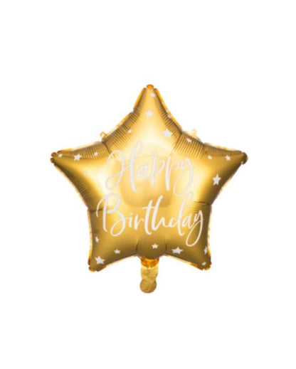 Inflated gold star-shaped balloon with 'Happy Birthday' text and small star patterns.
