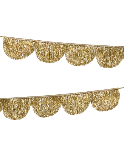 Gold tinsel christmas garland on a white background