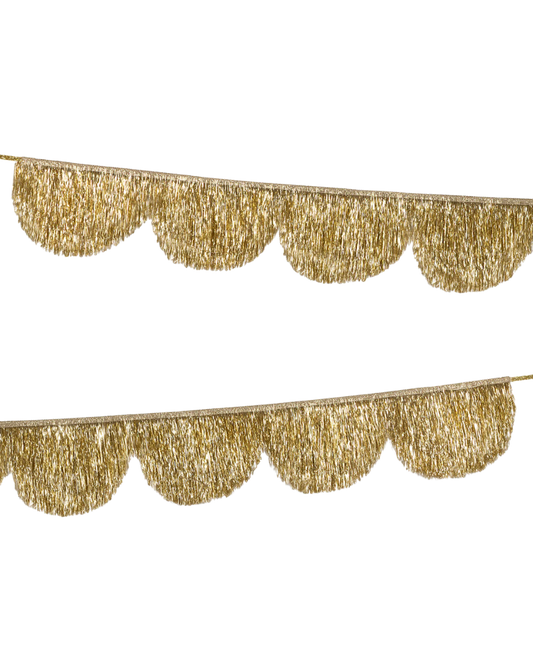 Gold tinsel christmas garland on a white background