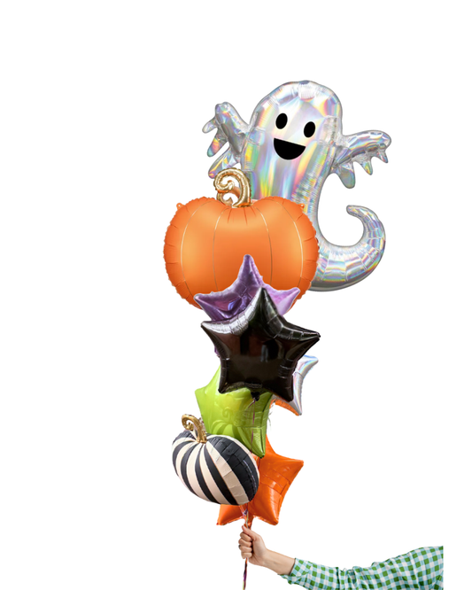 Halloween-themed balloon bouquet with ghost, pumpkin, and star shapes on a white background.