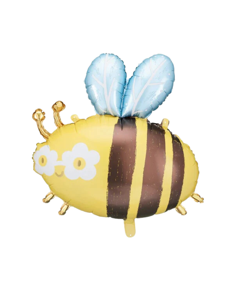 A foil balloon designed like a bee with yellow, black, and white colors, and blue accents.