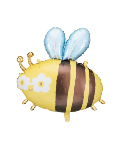 A foil balloon designed like a bee with yellow, black, and white colors, and blue accents.