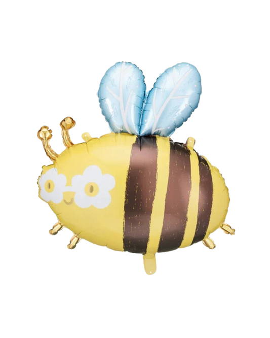 A foil balloon designed like a bee with yellow, black, and white colors, and blue accents.