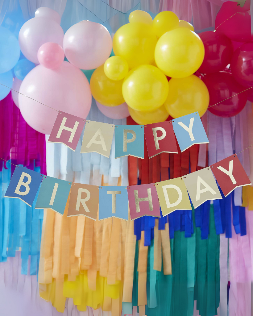 Happy birthday bunting in bright rainbow colours