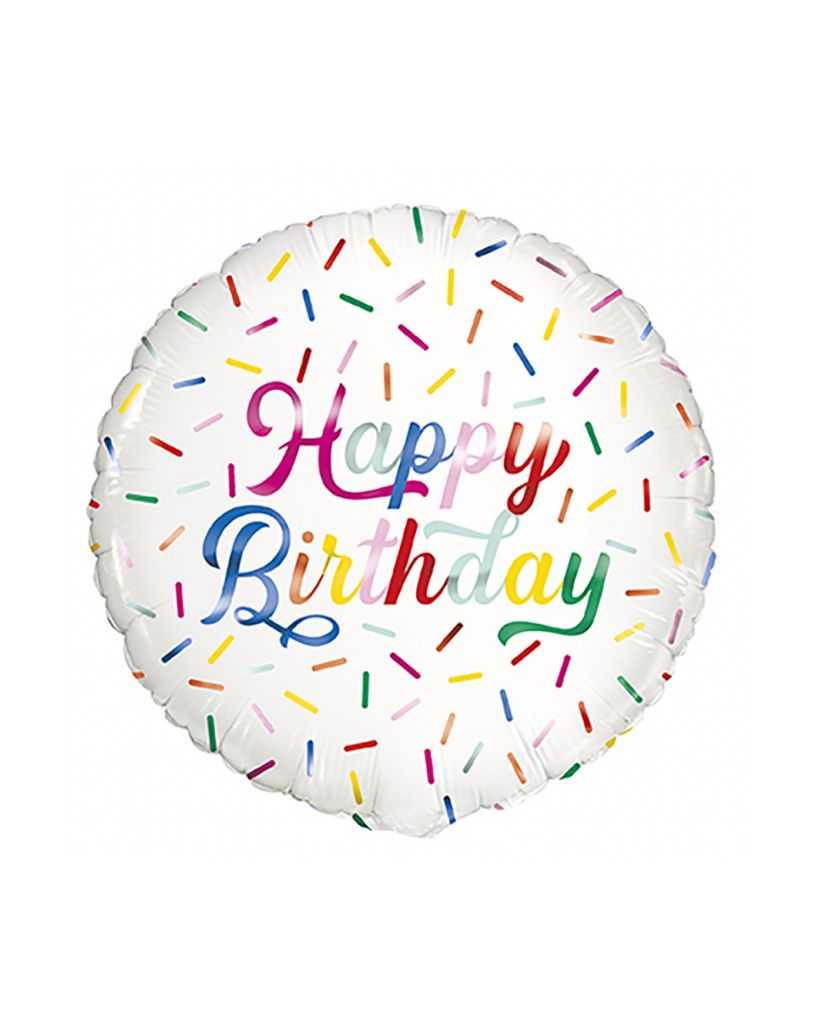 A round white foil balloon with 'Happy Birthday' text and colorful sprinkle decorations.
