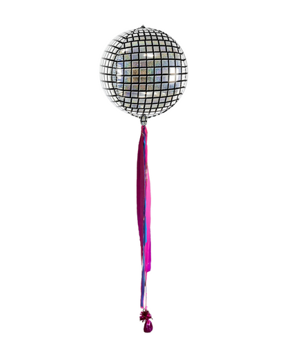 holographic disco ball orb balloon with streamer tail