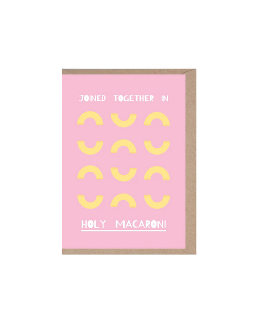 Pink joined in holy macaroni wedding greeting card