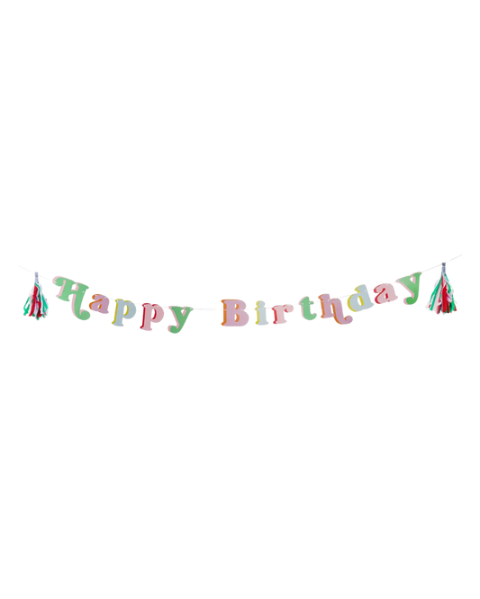 Colorful 'Happy Birthday' banner with tissue paper tassels