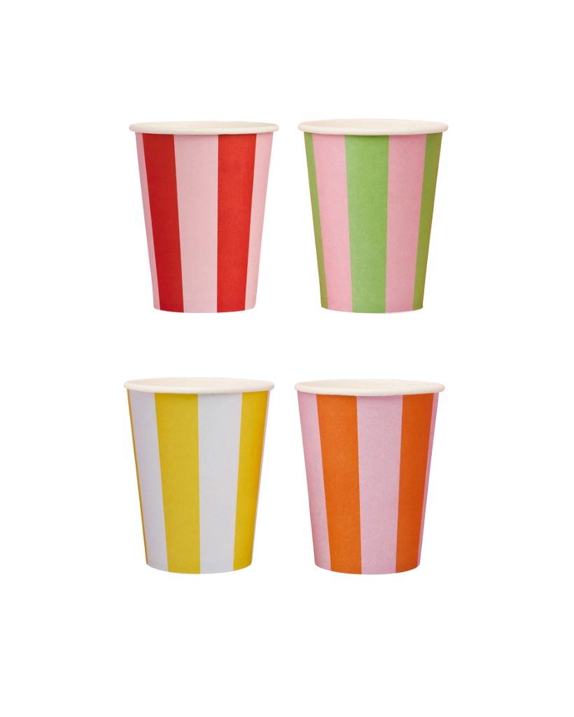 Four colourful striped party paper cups