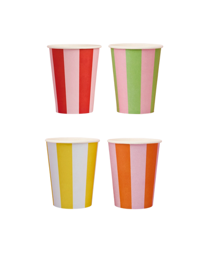 Four colourful striped party paper cups