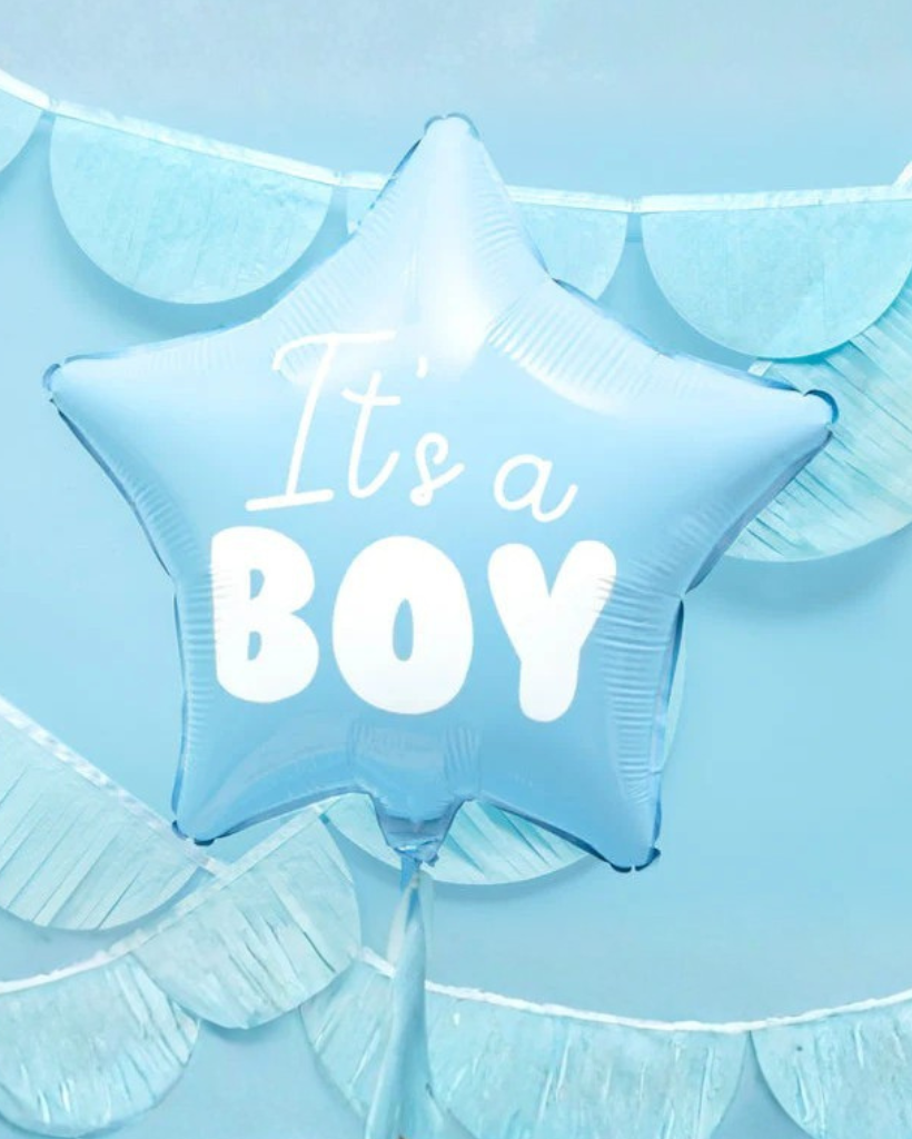 Blue star-shaped balloon with 'It's a Boy' text on a light blue background