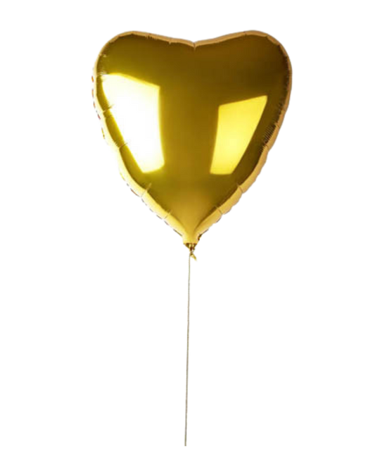 A gold jumbo heart-shaped foil balloon with a helium hose attached.