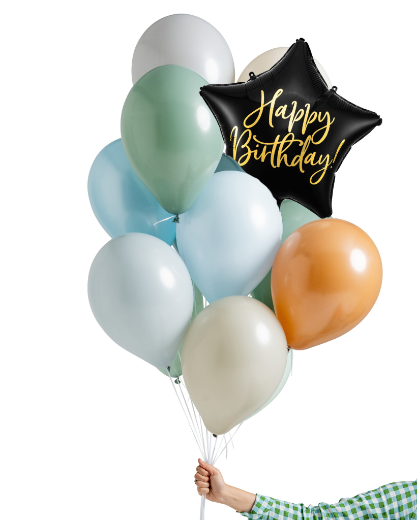 Bouquet of colorful balloons with a 'Happy Birthday' star balloon on a white background