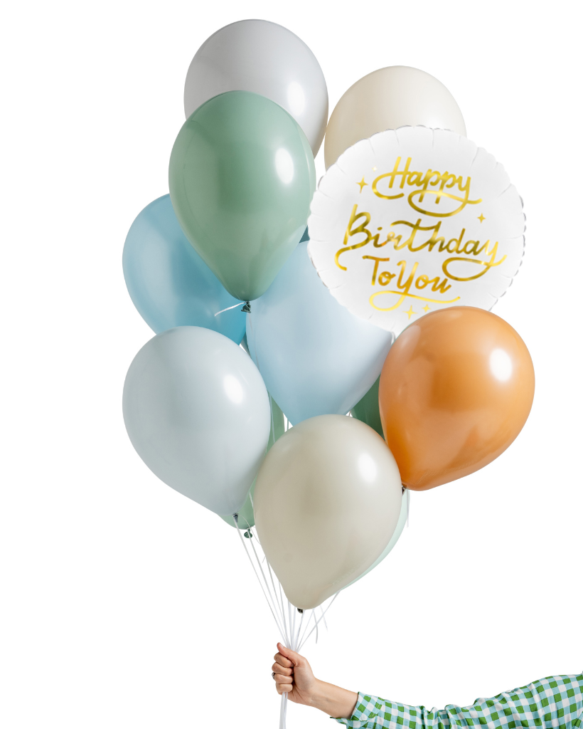 Bouquet of colorful balloons with a 'Happy Birthday To You' balloon held by a person.