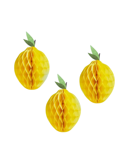 Three yellow honeycomb decorations shaped like lemons.