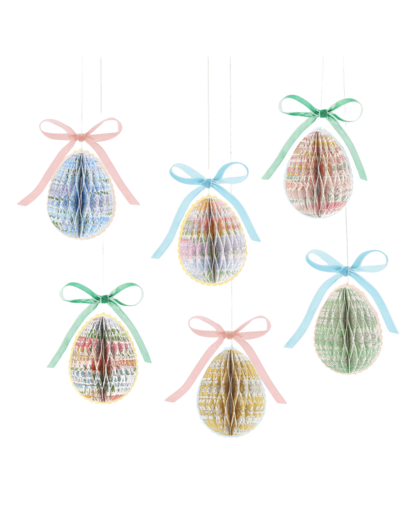 Decorative Easter eggs with ribbons. Liberty floral prints