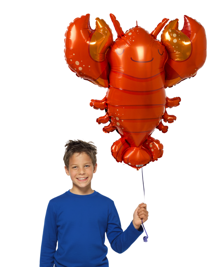 Child holding a large red lobster-shaped balloon against a white background