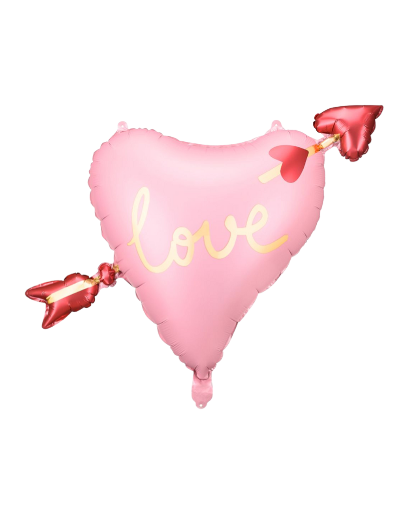 Pink heart-shaped balloon with 'love' text and red arrow for anniversaries and valentines day