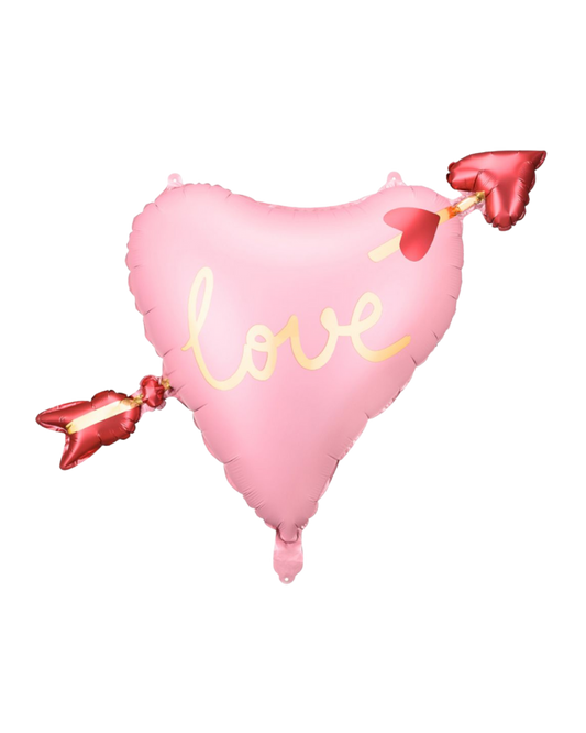 Pink heart-shaped balloon with 'love' text and red arrow for anniversaries and valentines day