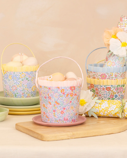 Three decorative Easter baskets with floral Liberty patterns 