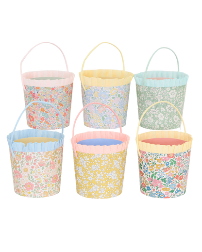 Set of six pastel floral-patterned buckets for easter egg hunts