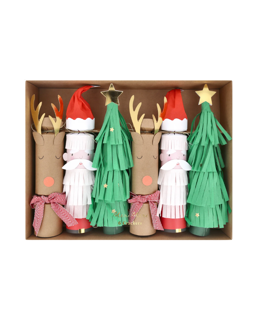 Set of Christmas-themed paper cracker decorations in a box