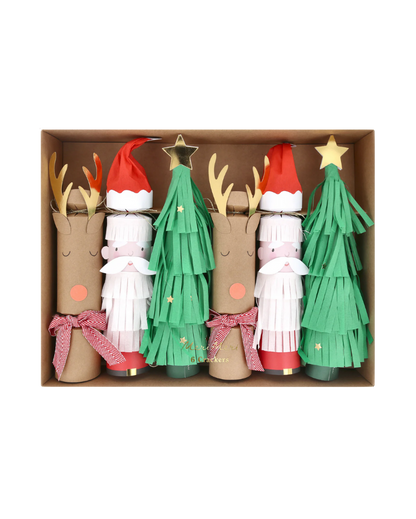 Set of Christmas-themed paper cracker decorations in a box