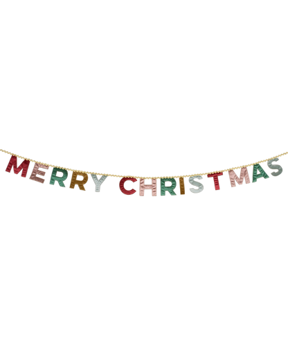 Merry Christmas banner with colorful letters on a white background