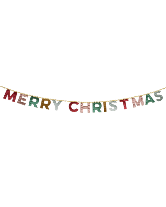 Merry Christmas banner with colorful letters on a white background
