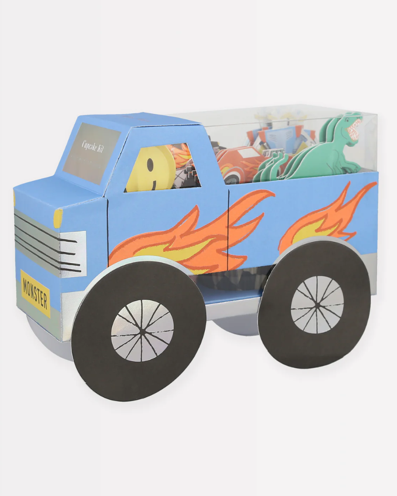 Toy truck with flames on a white background