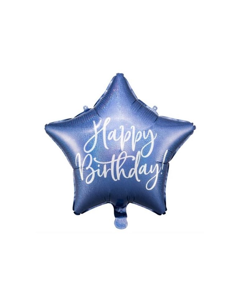 A navy blue foil star-shaped balloon with the text 'HAPPY BIRTHDAY!' printed on it.