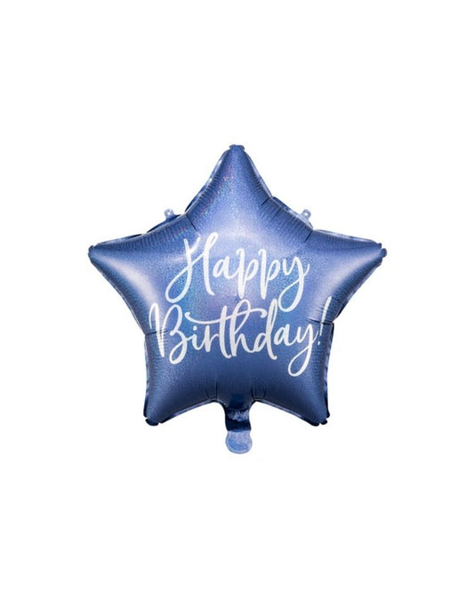 A navy blue foil star-shaped balloon with the text 'HAPPY BIRTHDAY!' printed on it.