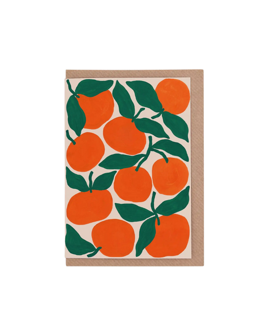 Card with orange fruit design on a white background