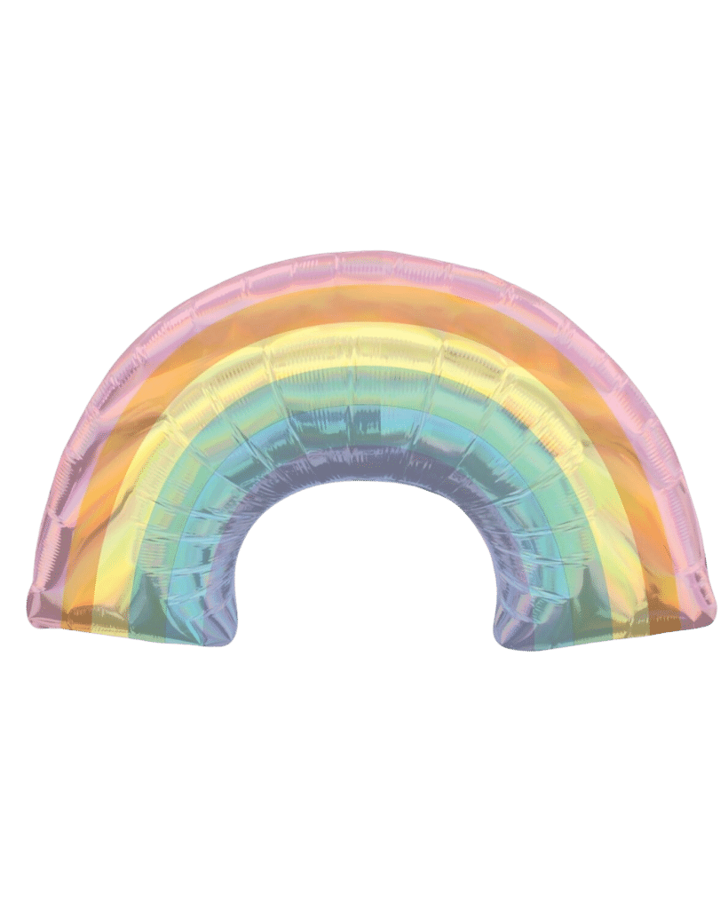 An inflatable foil balloon in the shape of a rainbow with a pastel holographic design, intended to be filled with helium.