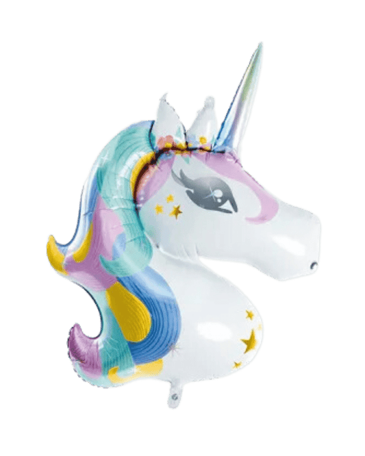 A pastel rainbow-colored unicorn foil balloon with a multicolored mane and tail, decorated with stars, designed for use as party attire.