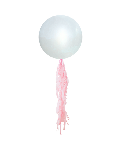 Satin White Jumbo Balloon and Fringe Filled with Helium