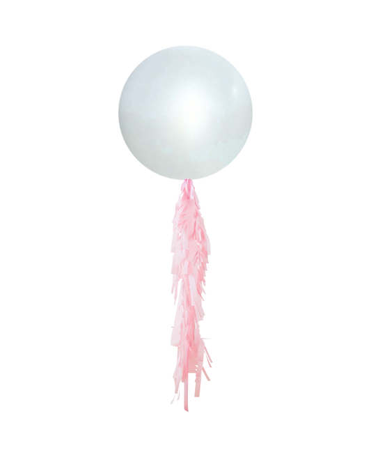 Satin White Jumbo Balloon and Fringe Filled with Helium